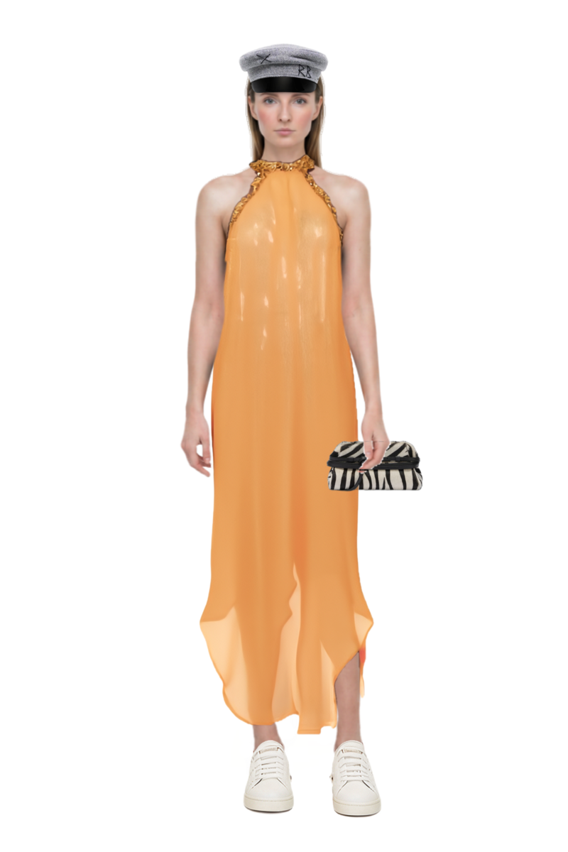 Outfit zebra-print leather clutch bag and isis sequin-embellished maxi dress