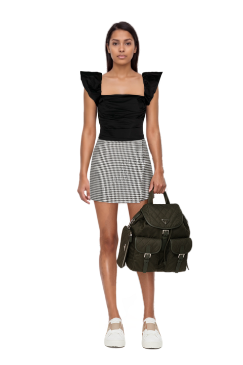 Outfit medium quilted re-nylon backpack with saffiano leather trim and pinko skirt