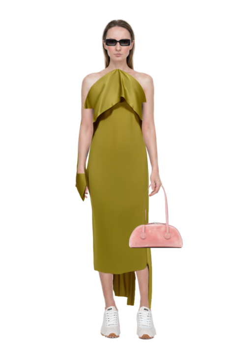Outfit nan draped dress and plume mesh fabric sneakers