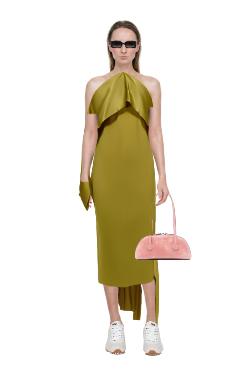 Outfit nan draped dress and plume mesh fabric sneakers