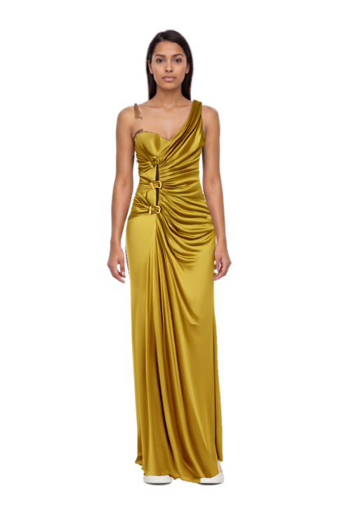 Outfit ruched evening gown and 23 sneakers