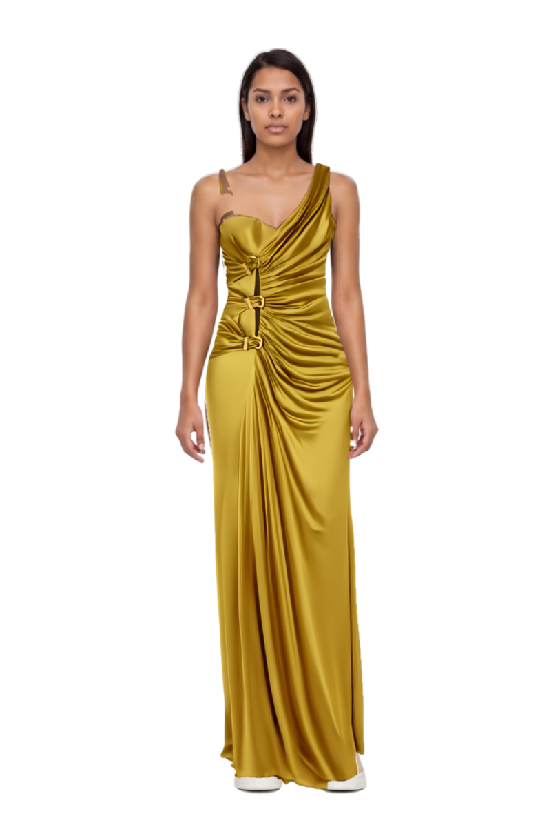 Outfit ruched evening gown and 23 sneakers