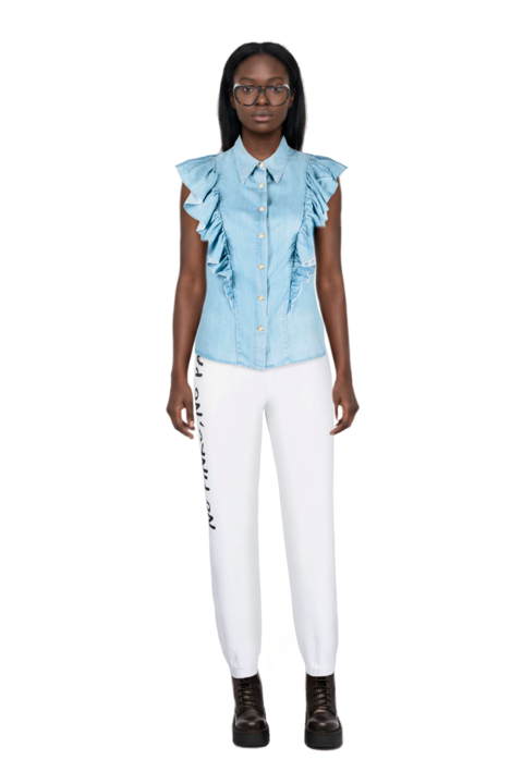 Outfit acetate geometric sunglasses and pinko shirt