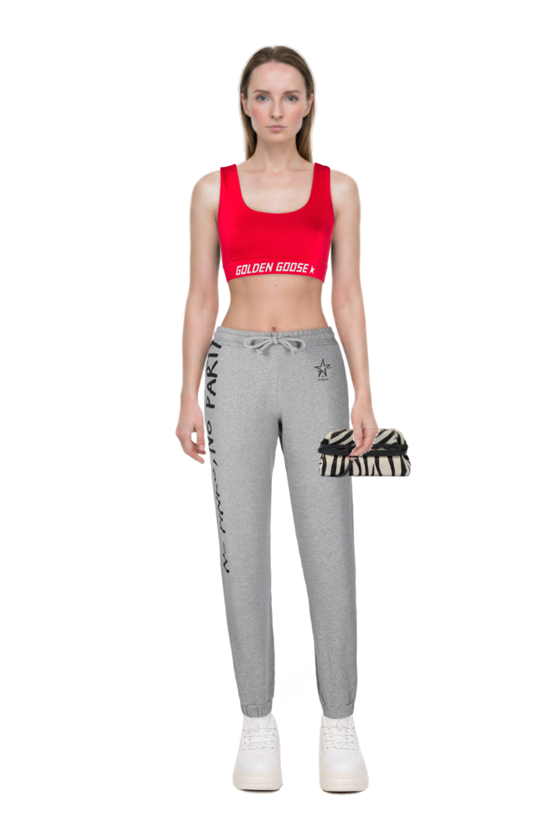 Outfit zebra-print leather clutch bag and pinko joggers