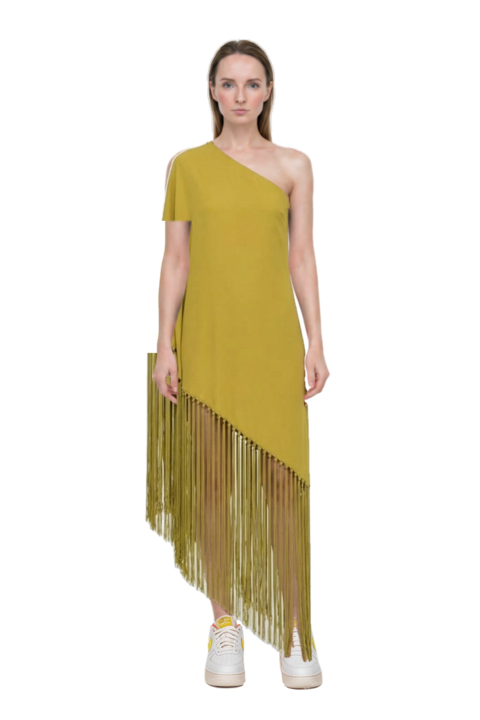 Outfit gunilla fringed one-shoulder dress and air force 1 '07 lx "white/phantom/pearl white/yell" sneakers