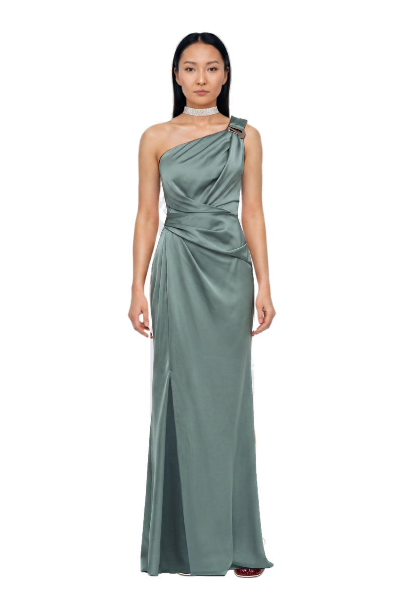 Outfit leren leather ballerina sneakers and one-shoulder satin maxi dress