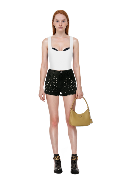 Outfit re-edition 2005 saffiano leather mini-bag and pinko shorts