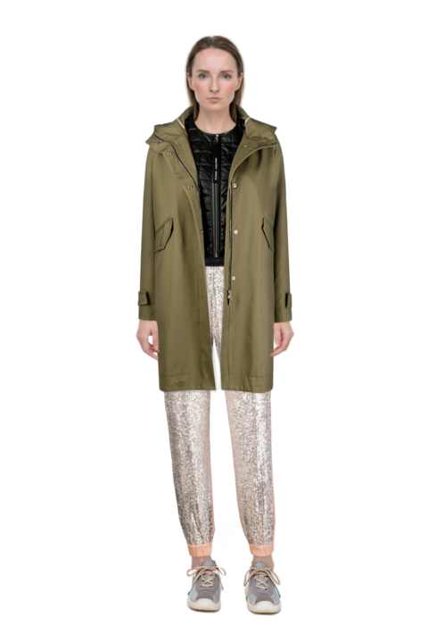 Outfit pinko trouser belt and bubble technical fabric and suede sneakers