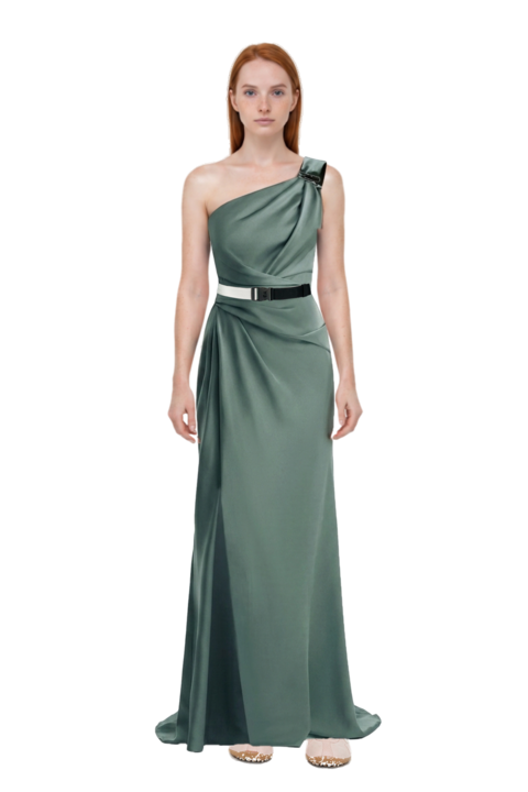 Outfit x jacquemus moon shoe sneakers and one-shoulder satin maxi dress