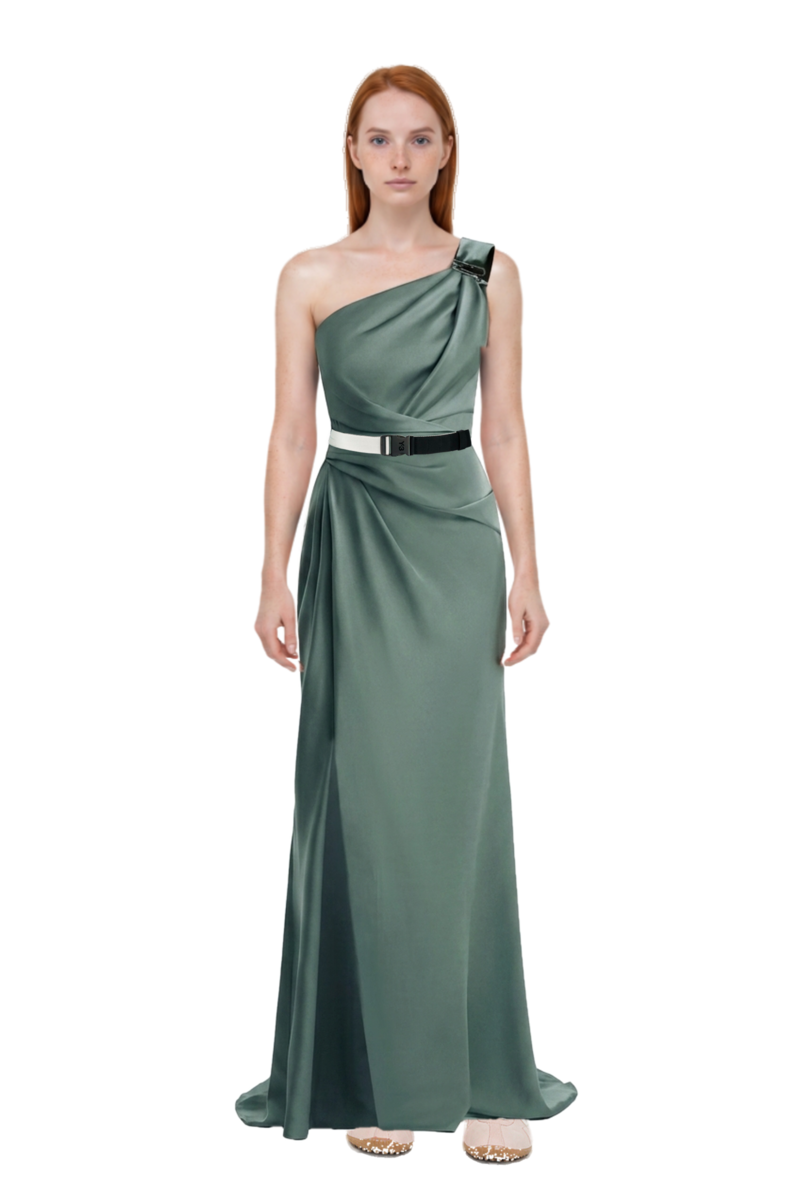 Outfit x jacquemus moon shoe sneakers and one-shoulder satin maxi dress