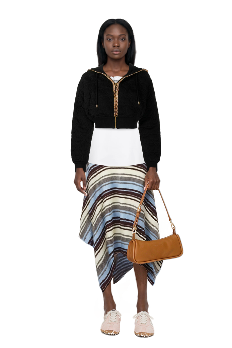 Outfit looong m shoulder bag and striped handkerchief-hem midi skirt