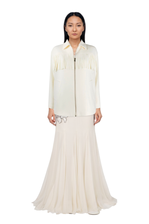 Outfit flower-appliqués silk maxi dress and pinko jacket
