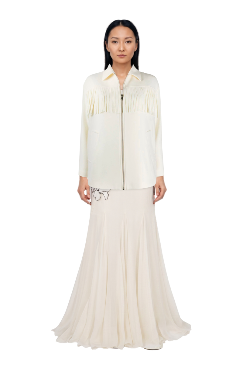 Outfit flower-appliqués silk maxi dress and pinko jacket