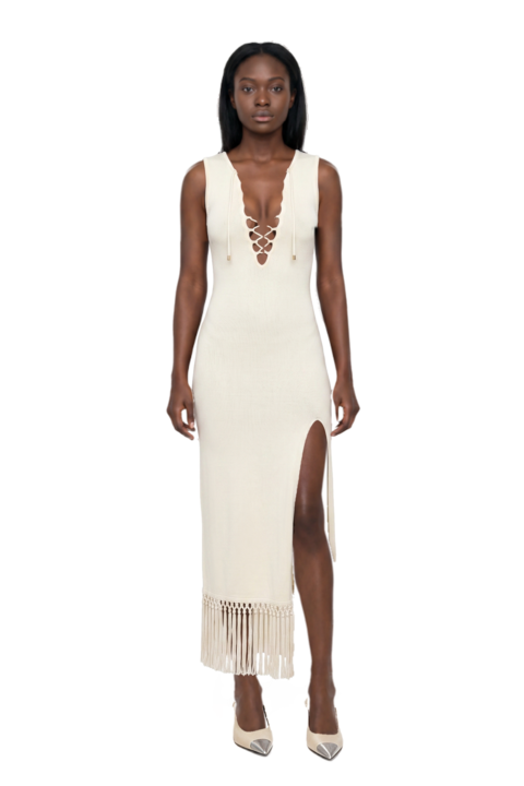 Outfit cassandre-plaque pumps and sahara lace-up fringe midi dress