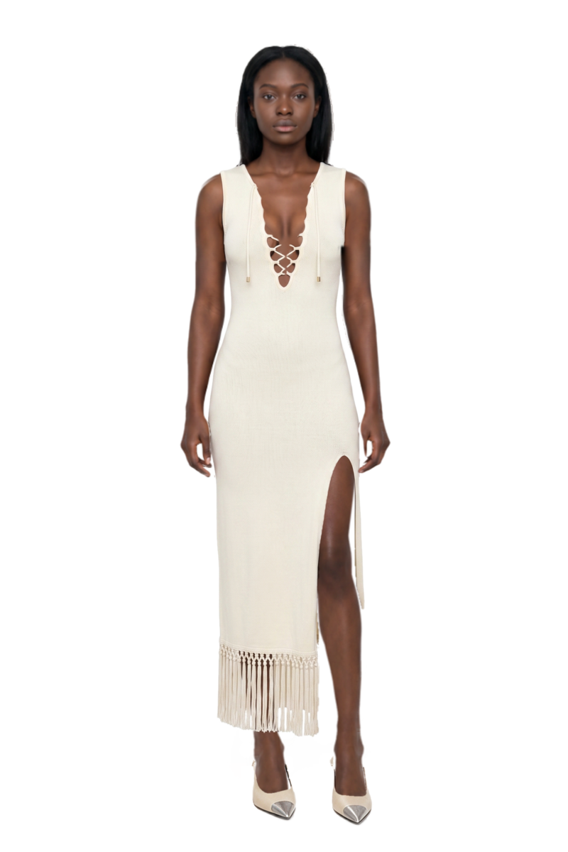 Outfit cassandre-plaque pumps and sahara lace-up fringe midi dress