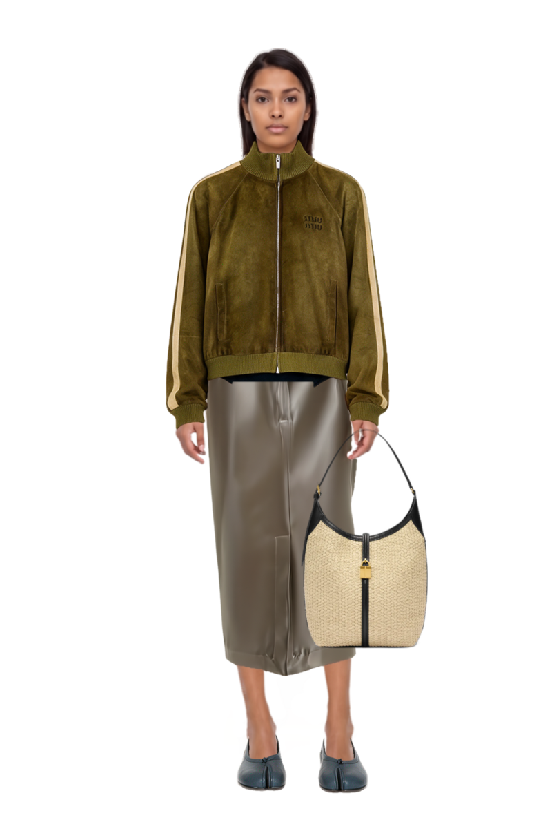 Outfit waxed suede jacket and siena raffia tote bag