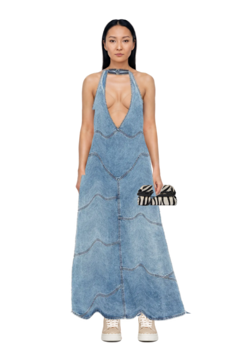 Outfit delphi pieced halter midi dress and zebra-print leather clutch bag