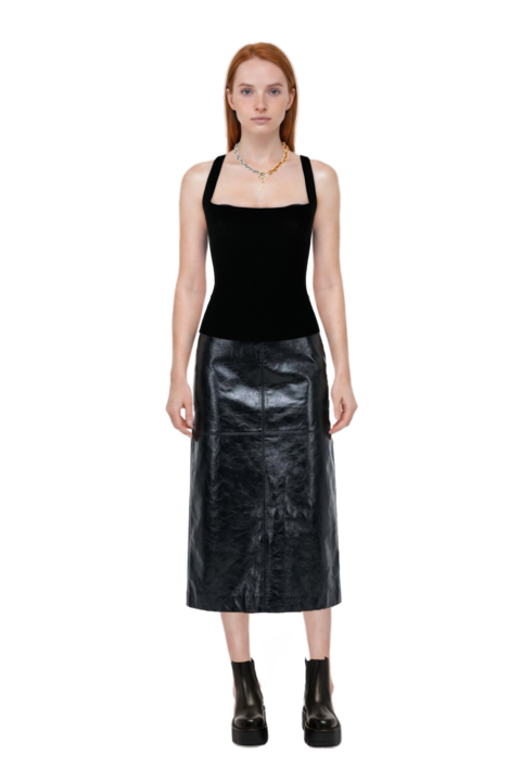Outfit gwen leather midi skirt and pinko top
