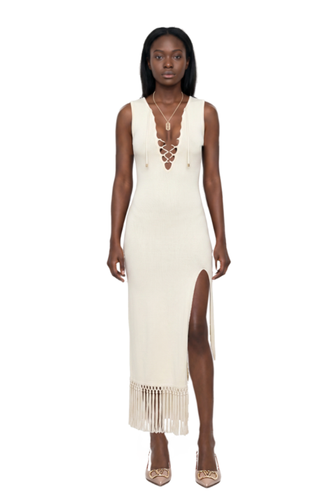 Outfit vlogo signature slingback pumps and sahara lace-up fringe midi dress