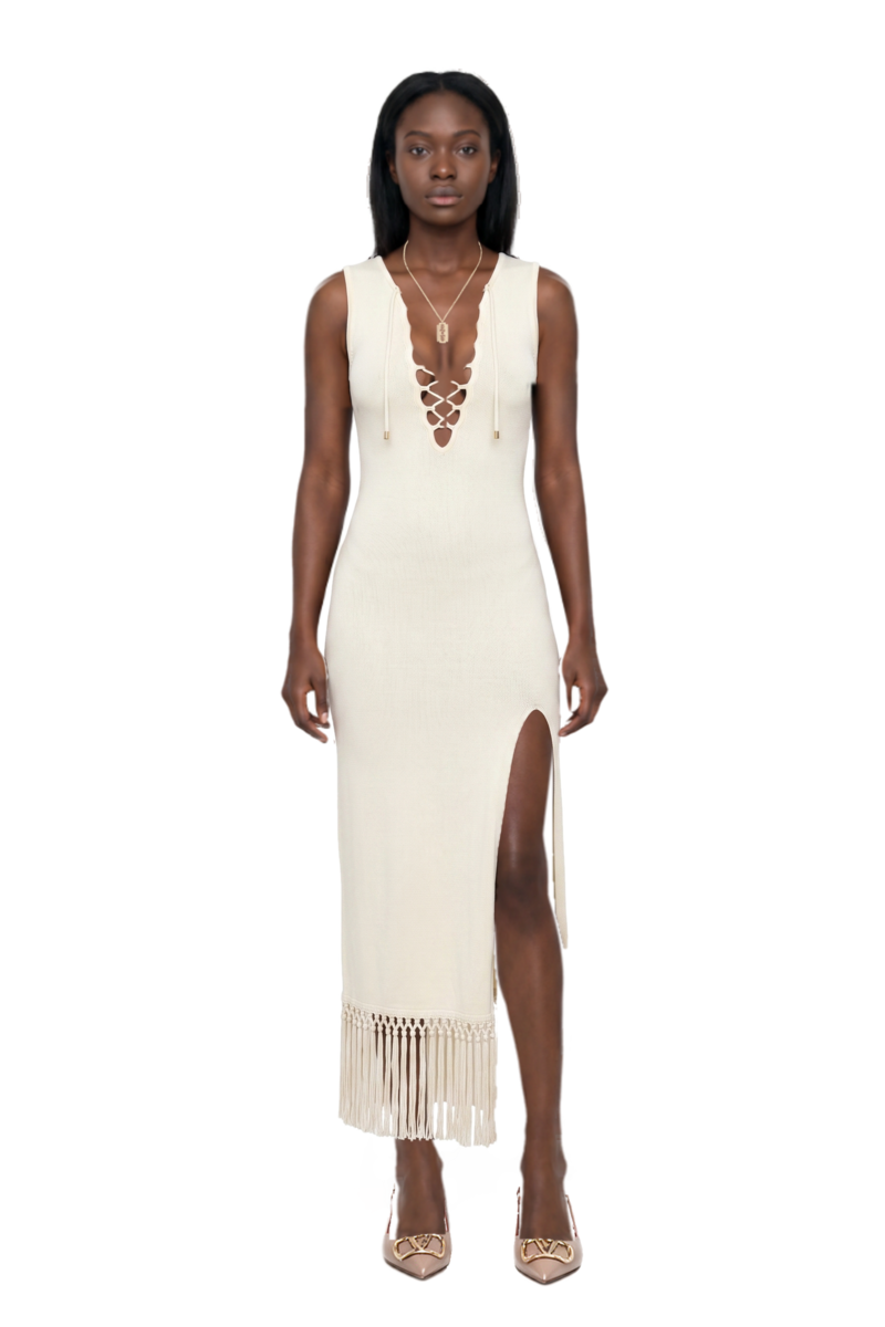 Outfit vlogo signature slingback pumps and sahara lace-up fringe midi dress