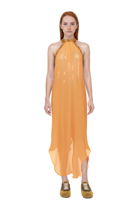 Outfit suede sneakers and isis sequin-embellished maxi dress