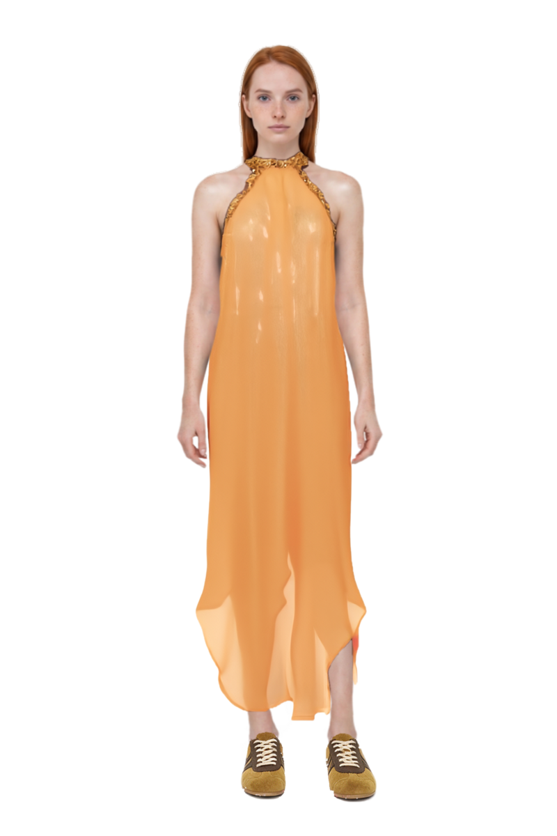 Outfit suede sneakers and isis sequin-embellished maxi dress