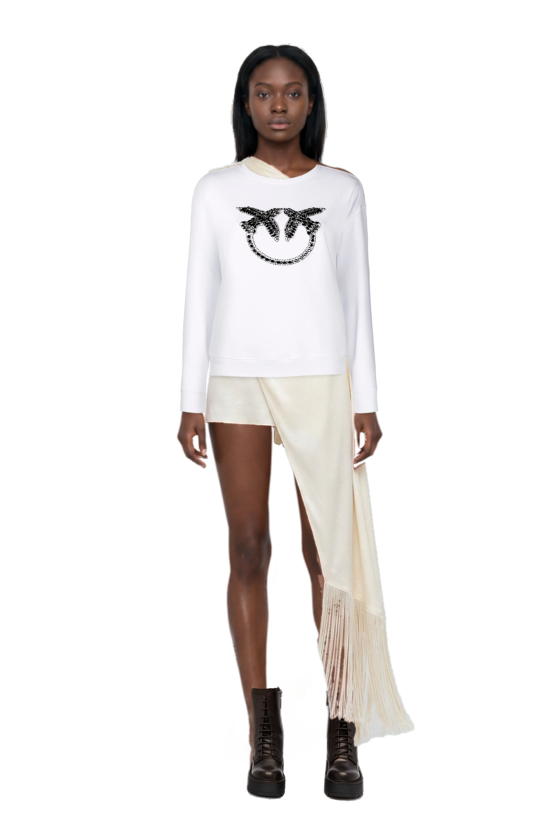 Outfit berenson draped fringe dress and pinko sweatshirt