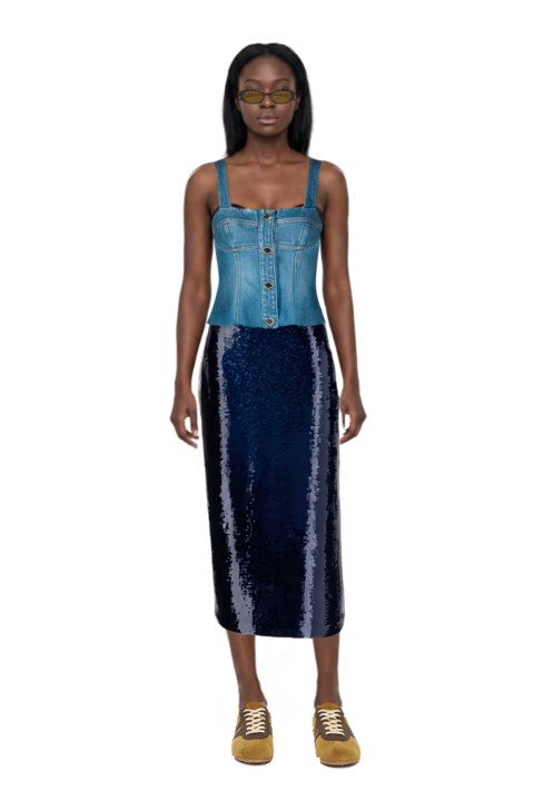 Outfit suede sneakers and sequin-embellished pencil skirt