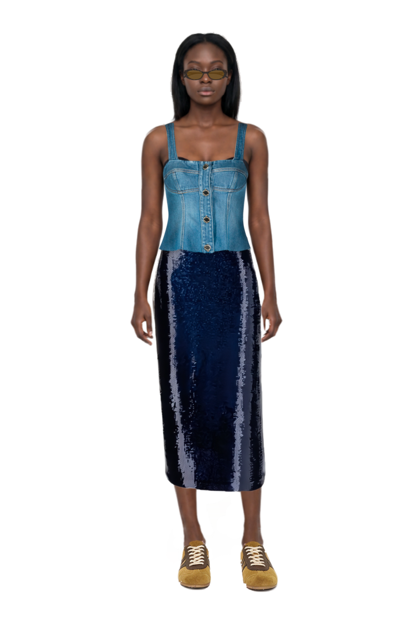 Outfit suede sneakers and sequin-embellished pencil skirt