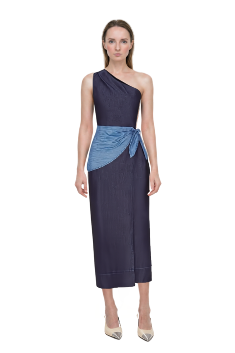 Outfit belem chambray one-shoulder midi dress and cassandre-plaque pumps