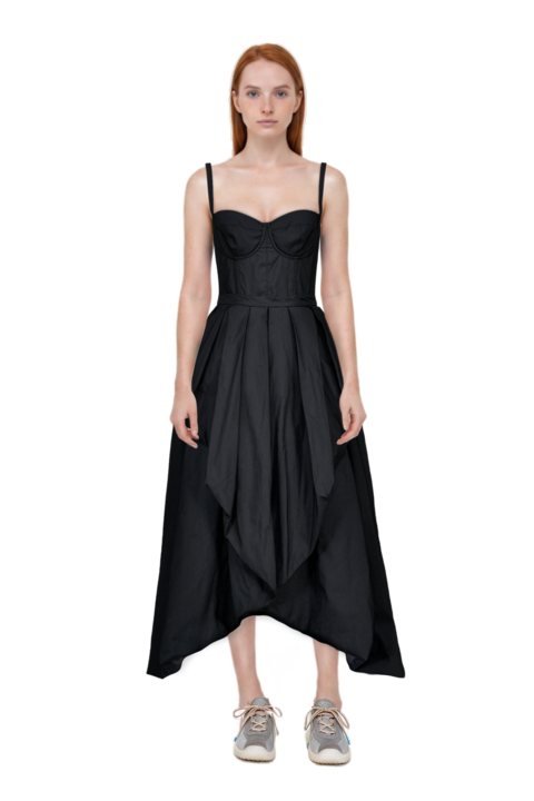 Outfit bubble technical fabric and suede sneakers and pinko dress