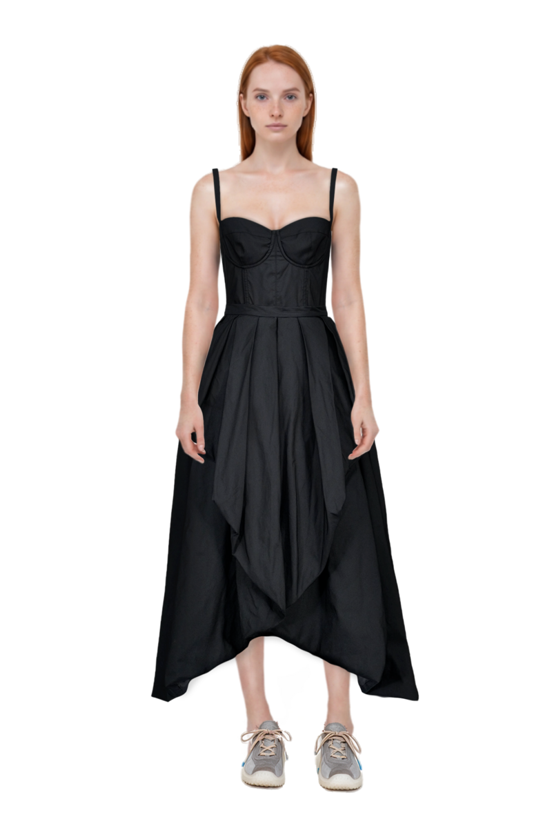 Outfit bubble technical fabric and suede sneakers and pinko dress