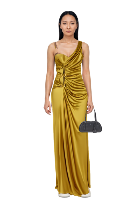 Outfit medium friday curved tote bag and ruched evening gown