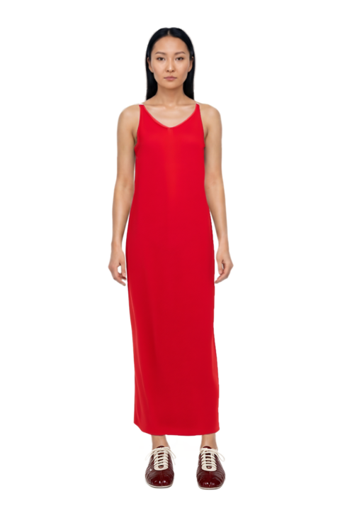 Outfit asymmetric sleeveless dress and leren leather ballerina sneakers
