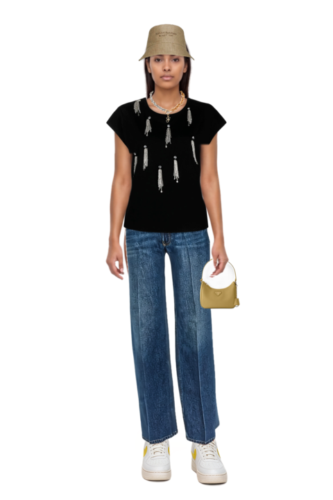 Outfit pressed-crease straight-leg jeans and re-edition 2005 saffiano leather mini-bag