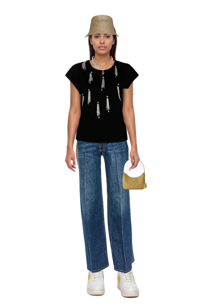 Outfit pressed-crease straight-leg jeans and re-edition 2005 saffiano leather mini-bag