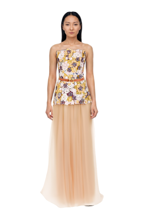 Outfit thia floral-embroidered strapless maxi dress and pinko trouser belt