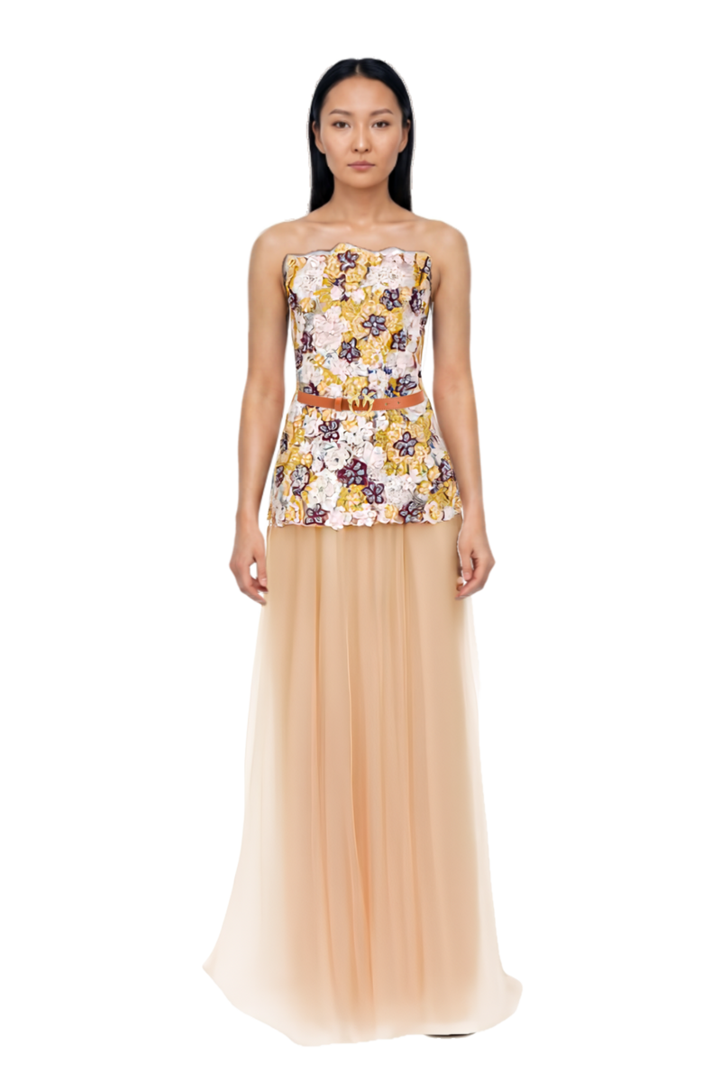 Outfit thia floral-embroidered strapless maxi dress and pinko trouser belt