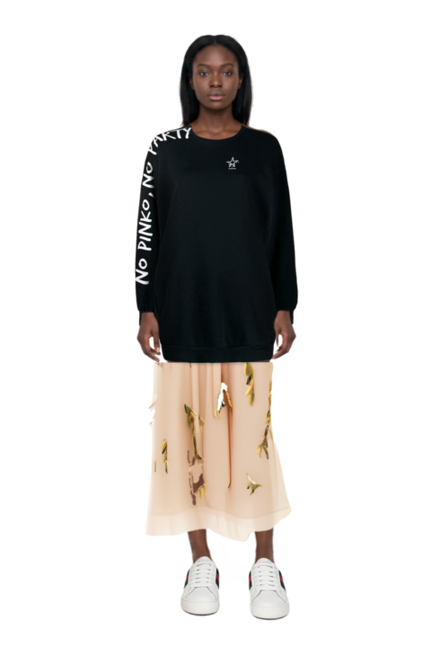 Outfit embroidered tulle strapless midi dress and pinko sweatshirt