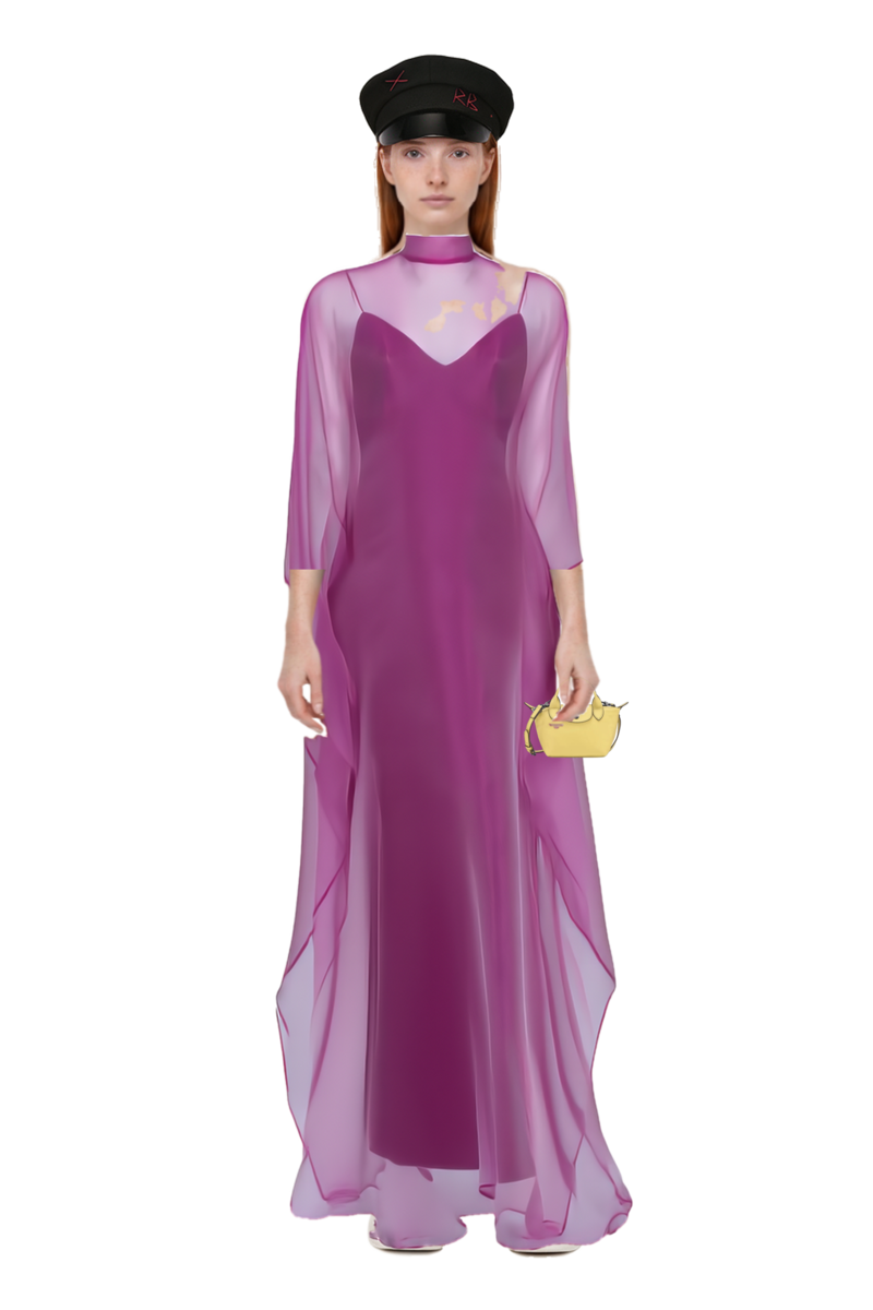 Outfit sphinx high-neck kaftan dress and le pliage xtra xs handbag