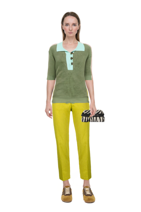 Outfit waffle-knit short-sleeve sweater and zebra-print leather clutch bag