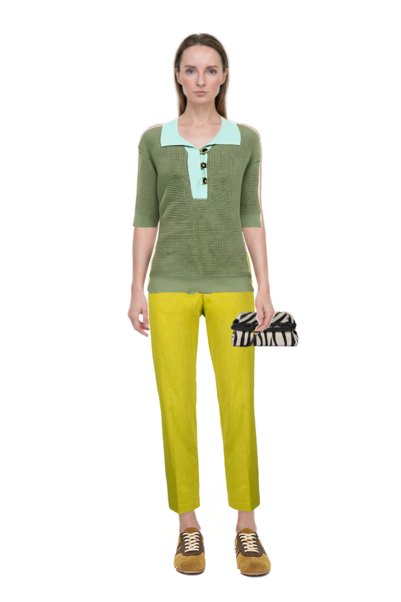 Outfit waffle-knit short-sleeve sweater and zebra-print leather clutch bag