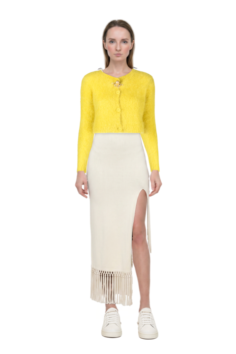 Outfit sahara lace-up fringe midi dress and pinko cardigan