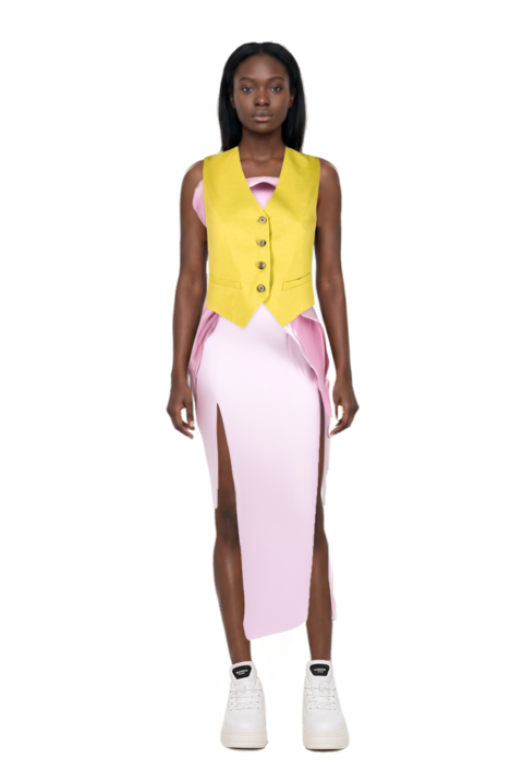 Outfit one-shoulder draped grown and pinko waistcoat