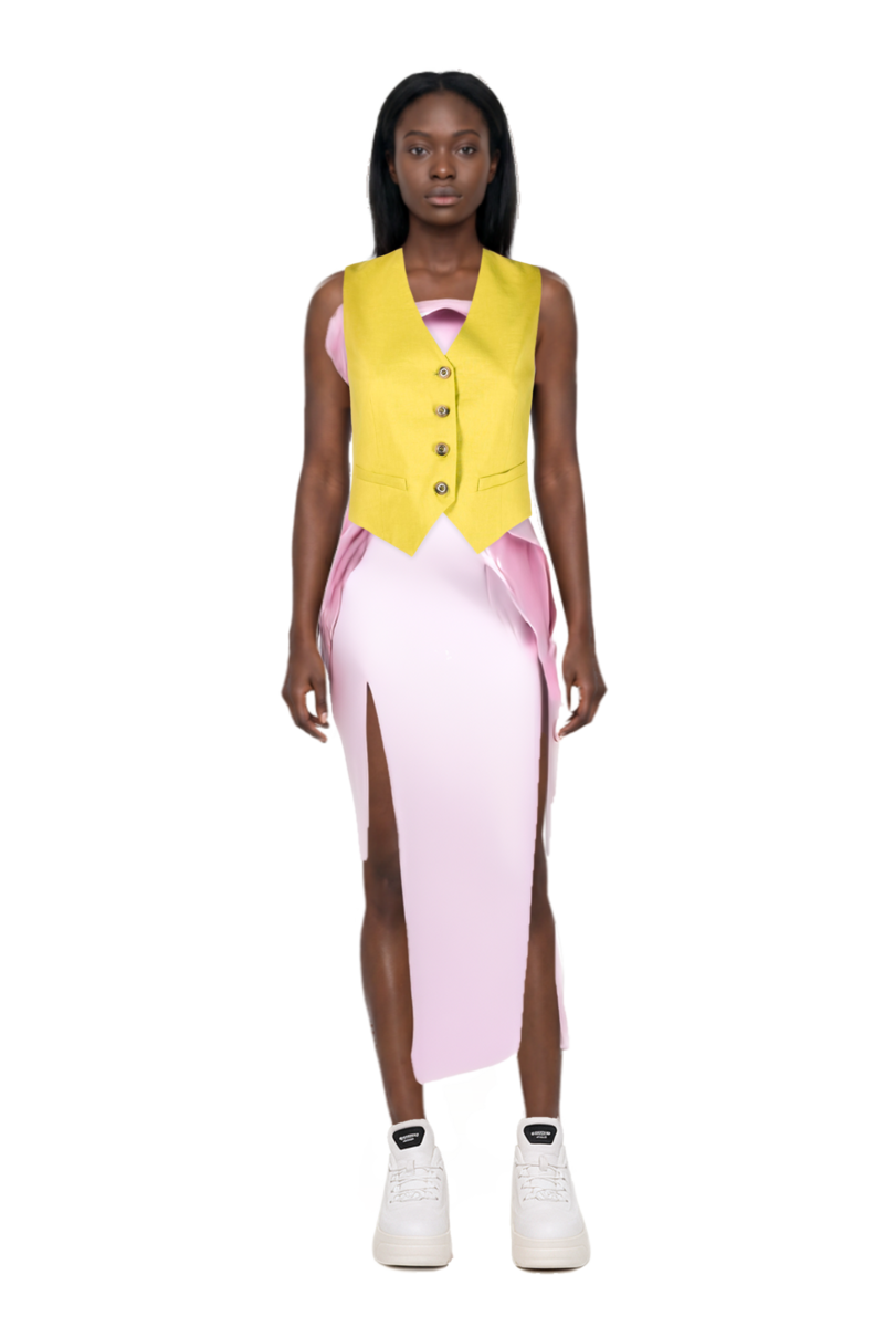 Outfit one-shoulder draped grown and pinko waistcoat