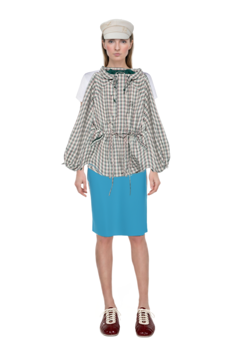 Outfit liu check drawstring raincoat and high-waist pencil skirt