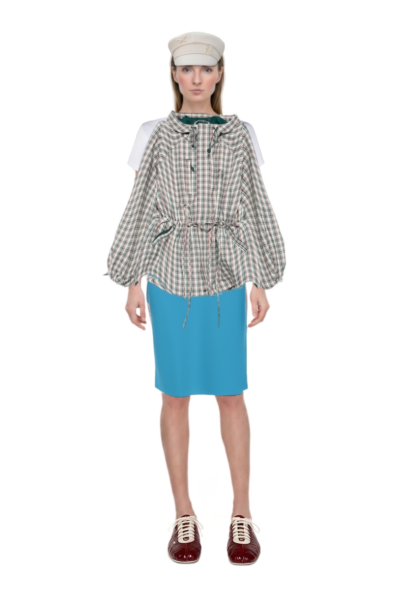 Outfit liu check drawstring raincoat and high-waist pencil skirt