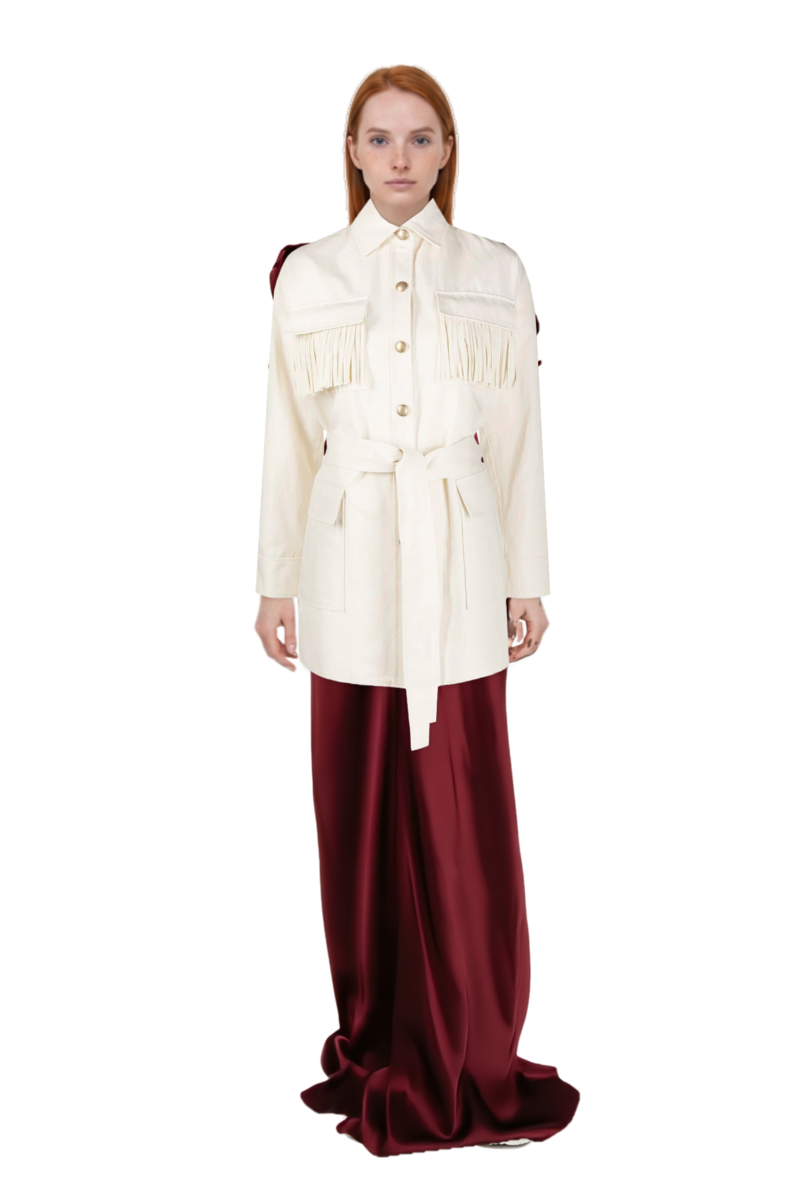 Outfit gathered maxi dress and pinko short coat