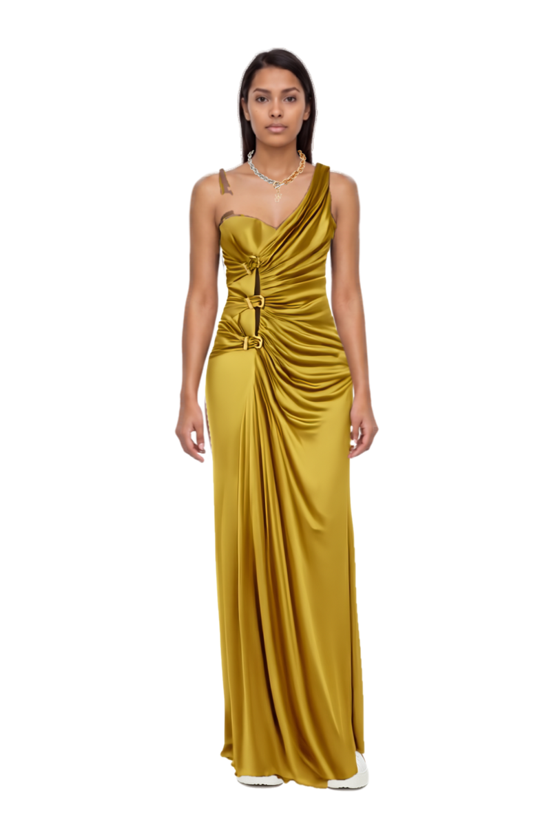Outfit ruched evening gown and 23 necklace